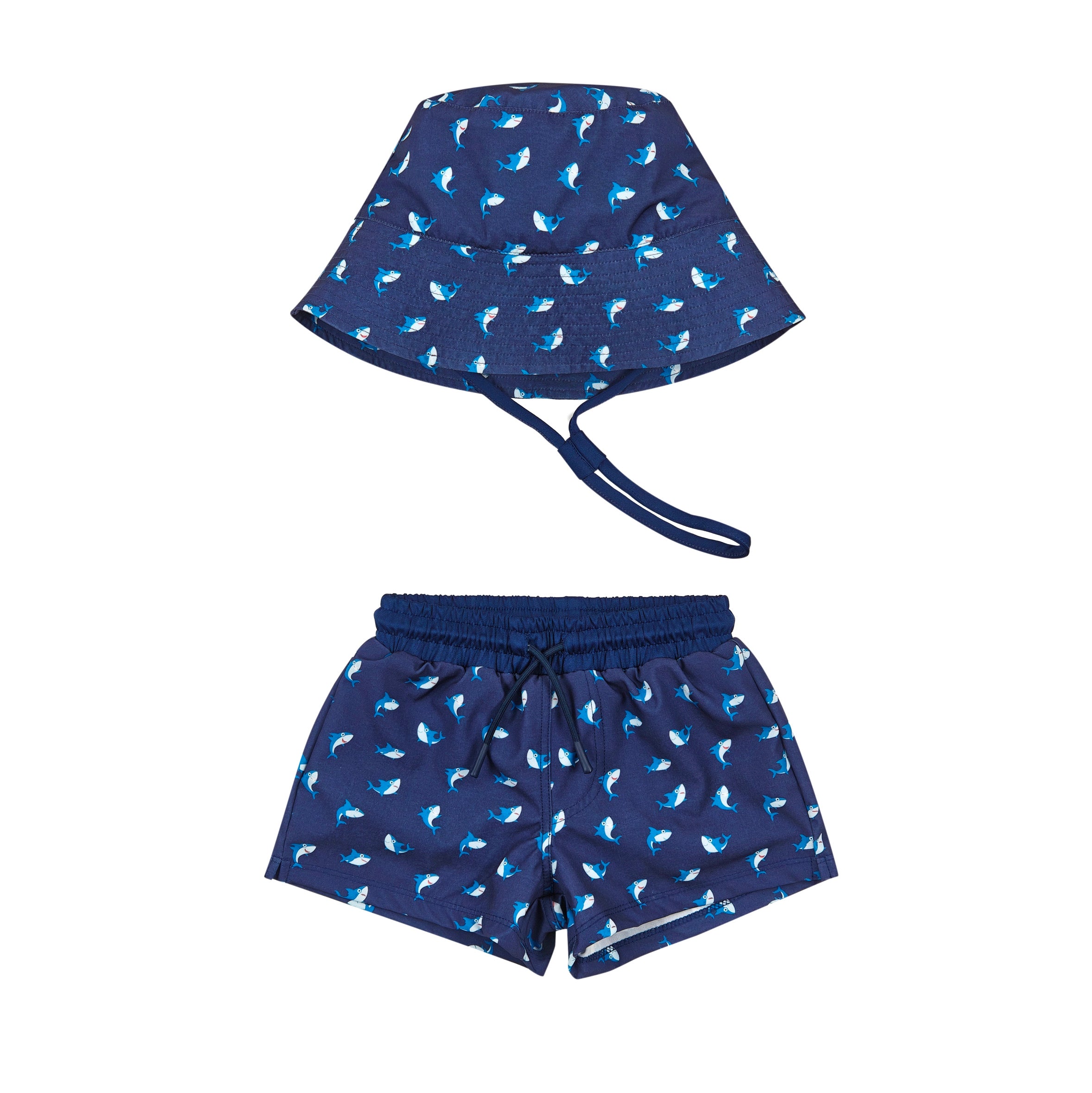 Navy swim hat and shorts set with white pattern on a white background